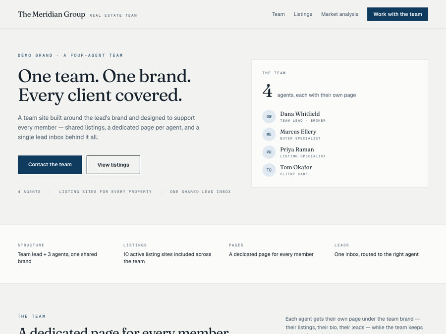 A teams website, scrolling on the demo